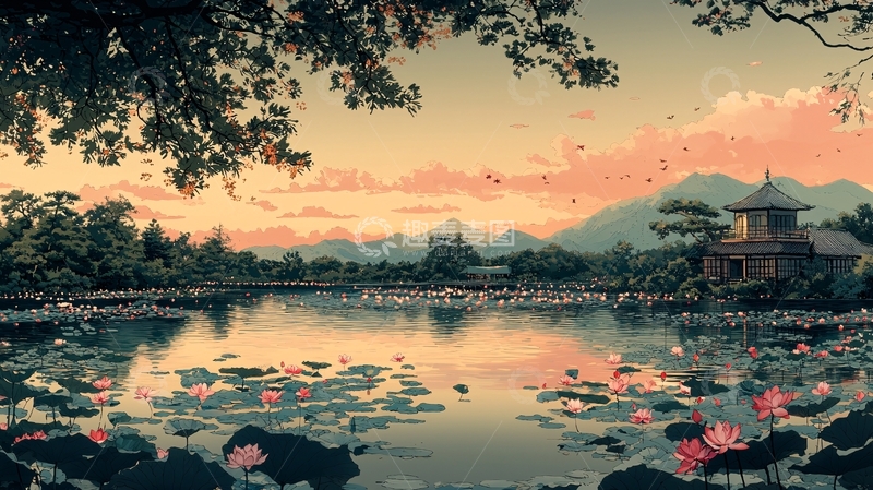 高清大图下载【趣麦麦图】日式庭院黄昏景色