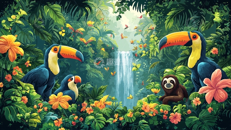 高清大图下载【趣麦麦图】热带雨林卡通动物图