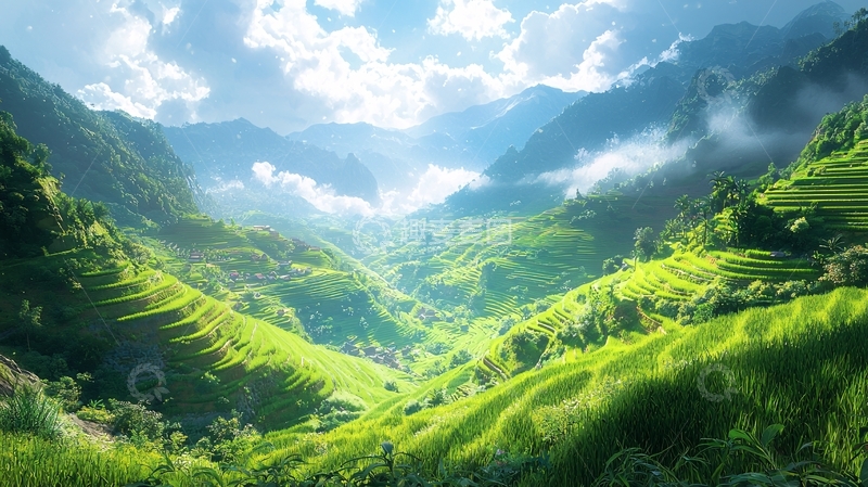 高清大图下载【趣麦麦图】阳光洒在绿色的梯田