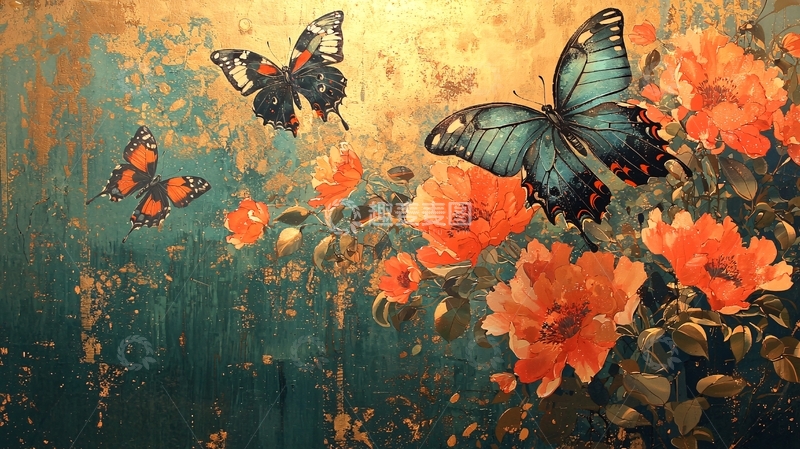 高清大图下载【趣麦麦图】金色背景下飞舞的蝴蝶和花朵