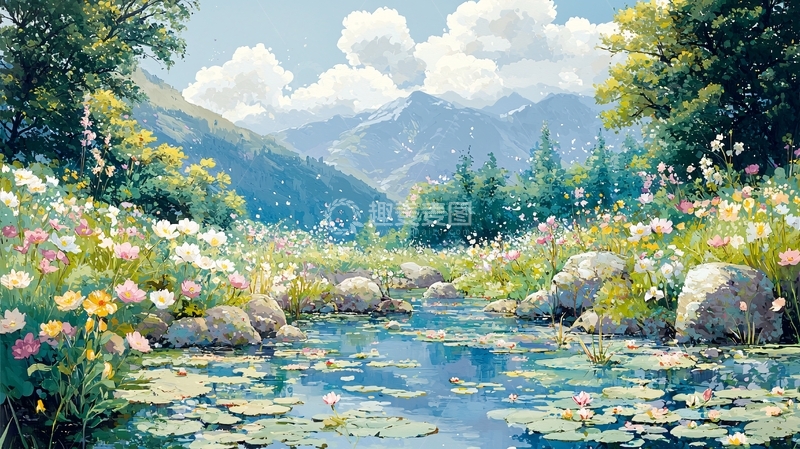 高清大图下载【趣麦麦图】山间流水鲜花草地