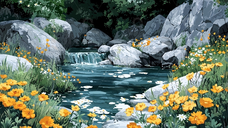 高清大图下载【趣麦麦图】溪流旁盛开的黄色野花