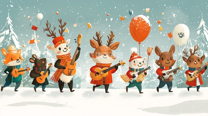高清大图下载【趣麦麦图】冬日动物乐队巡游