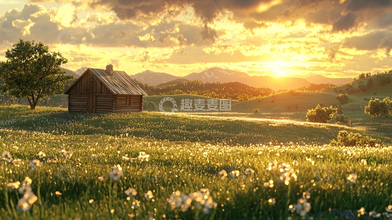 高清大图下载【趣麦麦图】夕阳下的木屋与草原