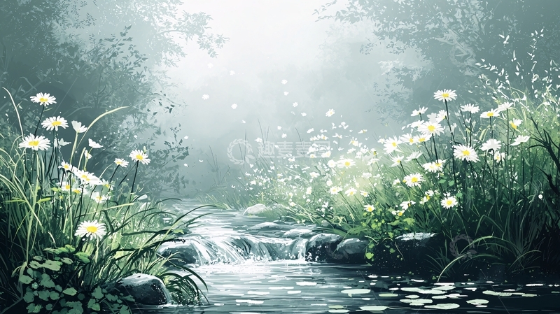 高清大图下载【趣麦麦图】森林小溪白花