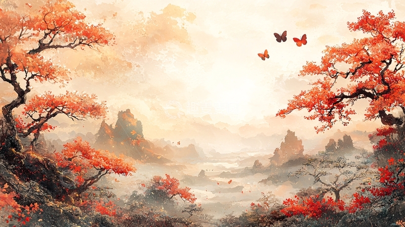 高清大图下载【趣麦麦图】秋日红叶山谷景色