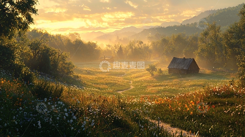 高清大图下载【趣麦麦图】清晨山谷小屋