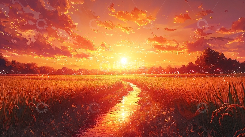 高清大图下载【趣麦麦图】落日余晖下的金黄稻田