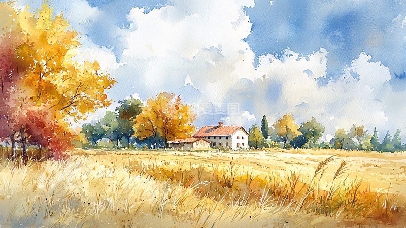 高清大图下载【趣麦麦图】秋日田园水彩画
