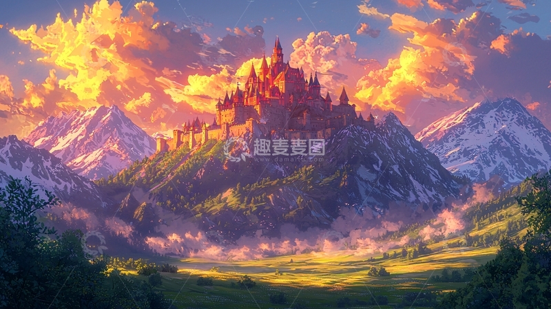 高清大图下载【趣麦麦图】山顶城堡日落美景