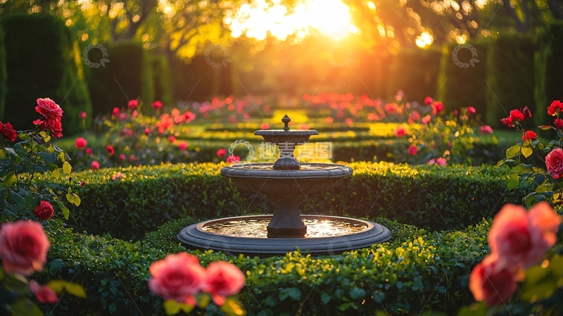 高清大图下载【趣麦麦图】夕阳西下玫瑰花园喷泉