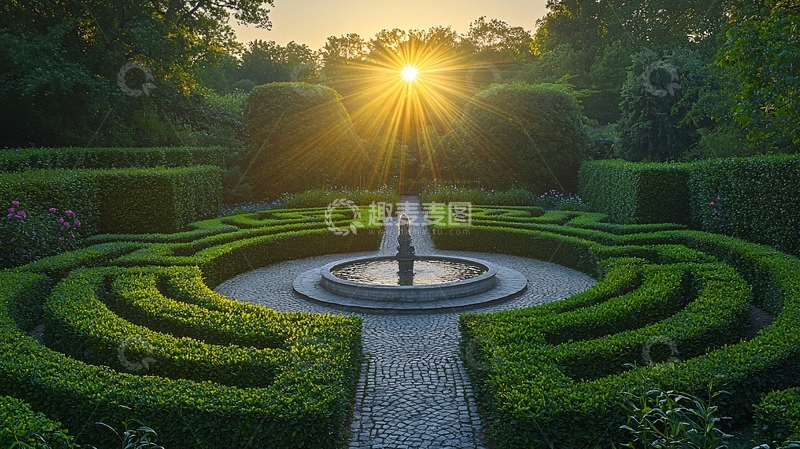 高清大图下载【趣麦麦图】日出花园迷宫喷泉