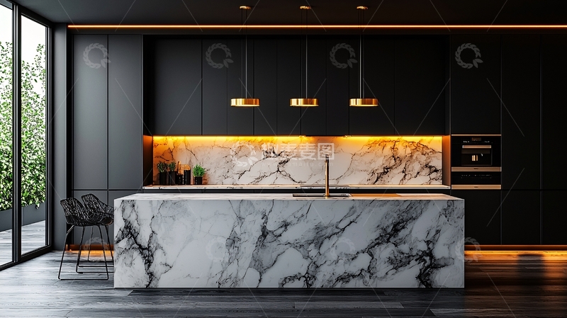 高清大图下载【趣麦麦图】现代黑色橱柜大理石岛台厨房