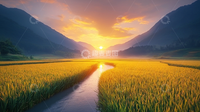 高清大图下载【趣麦麦图】日出山谷稻田河流