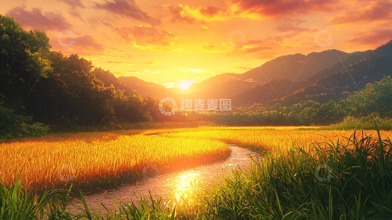 高清大图下载【趣麦麦图】日落山谷金色田野