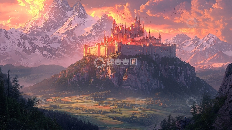 高清大图下载【趣麦麦图】山顶城堡落日余晖