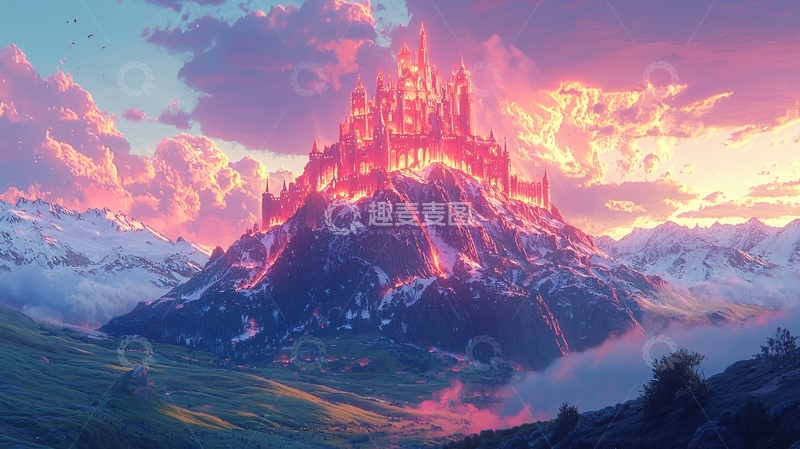 高清大图下载【趣麦麦图】日落雪山上的红色城堡