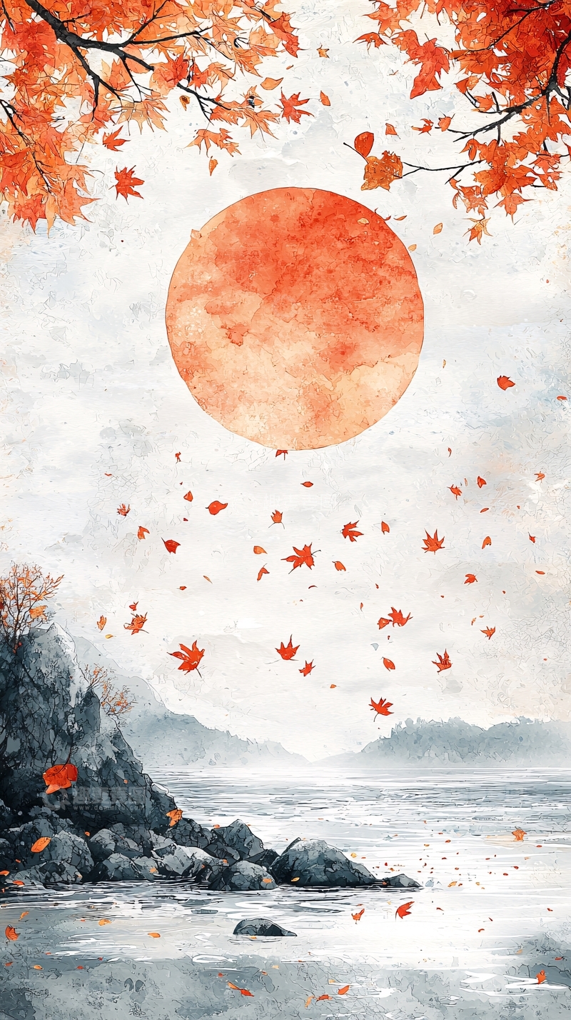 高清大图下载【趣麦麦图】红日枫叶秋景图