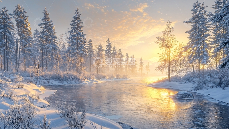 高清大图下载【趣麦麦图】冬日雪景河流森林日出
