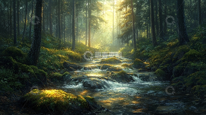 高清大图下载【趣麦麦图】森林溪流阳光