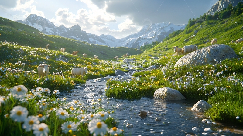 高清大图下载【趣麦麦图】山间溪流白花盛开