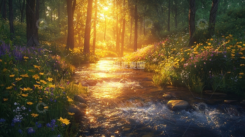 高清大图下载【趣麦麦图】-森林小溪日出