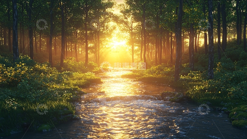 高清大图下载【趣麦麦图】森林小溪日出