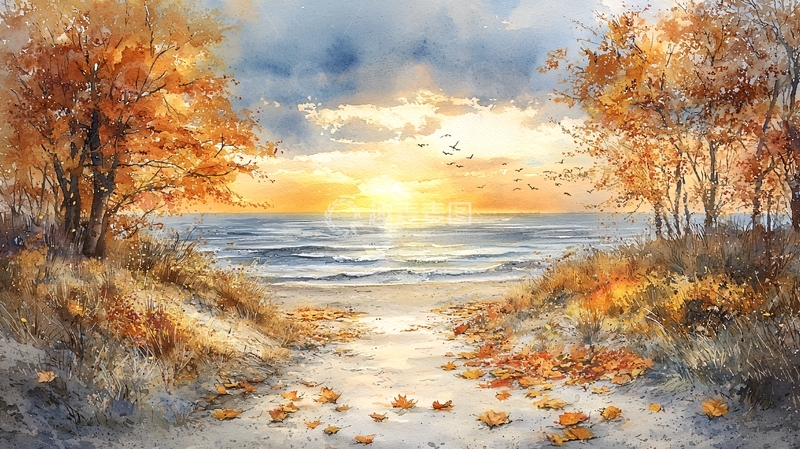 高清大图下载【趣麦麦图】秋日海边落叶小路