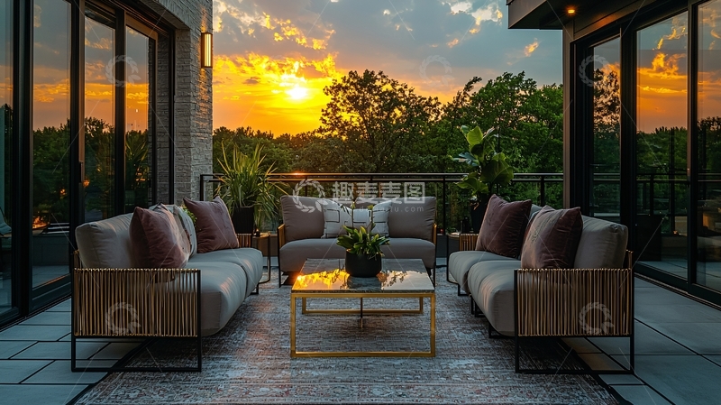 高清大图下载【趣麦麦图】日落景色阳台户外休闲区