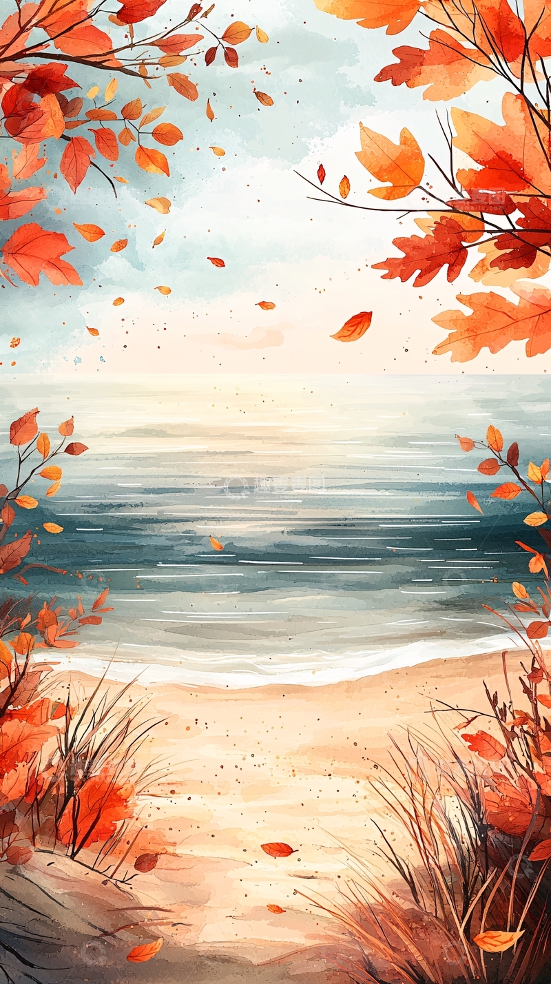 高清大图下载【趣麦麦图】秋日海边落叶风景