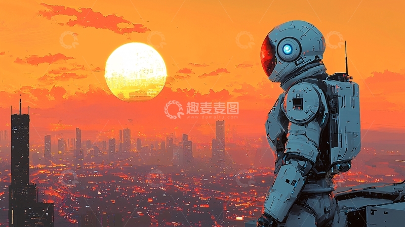 高清大图下载【趣麦麦图】日落时分的宇航员与未来都市