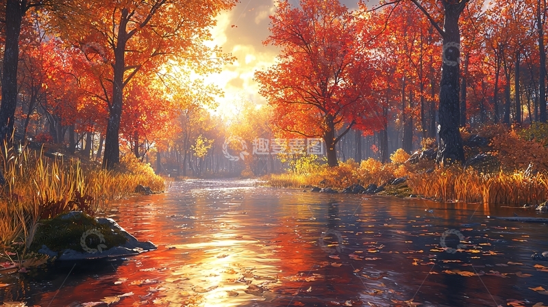 高清大图下载【趣麦麦图】秋日森林河流风景