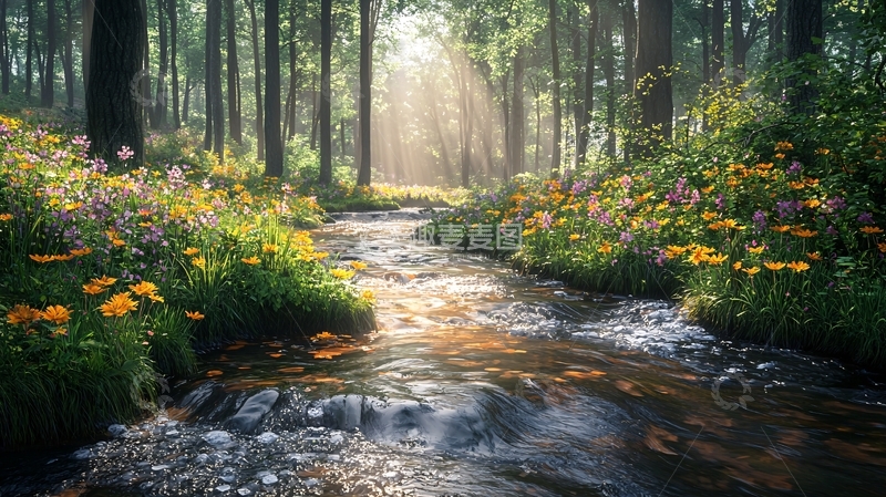 高清大图下载【趣麦麦图】森林小溪鲜花阳光
