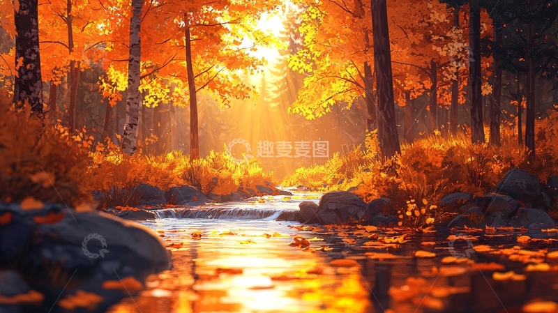 高清大图下载【趣麦麦图】秋日森林小溪