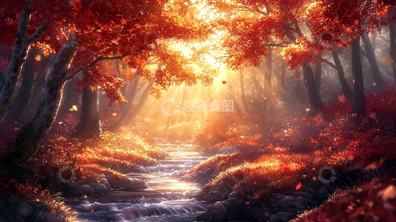 高清大图下载【趣麦麦图】秋日森林小溪阳光