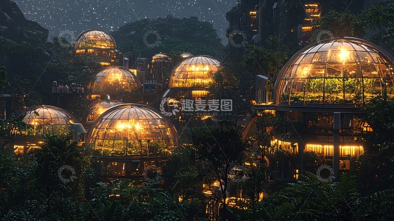 高清大图下载【趣麦麦图】雨夜森林玻璃穹顶小屋