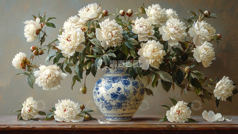 高清大图下载【趣麦麦图】白牡丹静物油画