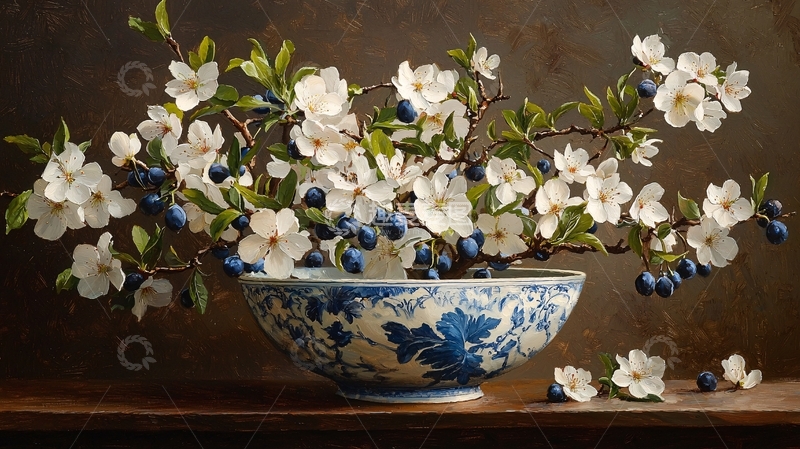 高清大图下载【趣麦麦图】白瓷碗里盛开的白色花朵