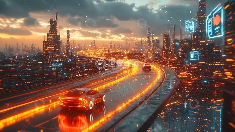 高清大图下载【趣麦麦图】未来都市赛车夜景