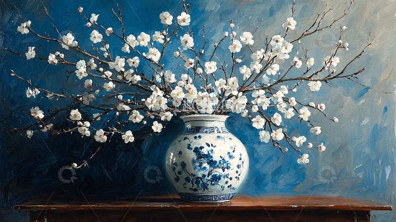 高清大图下载【趣麦麦图】蓝底白梅瓷瓶静物画