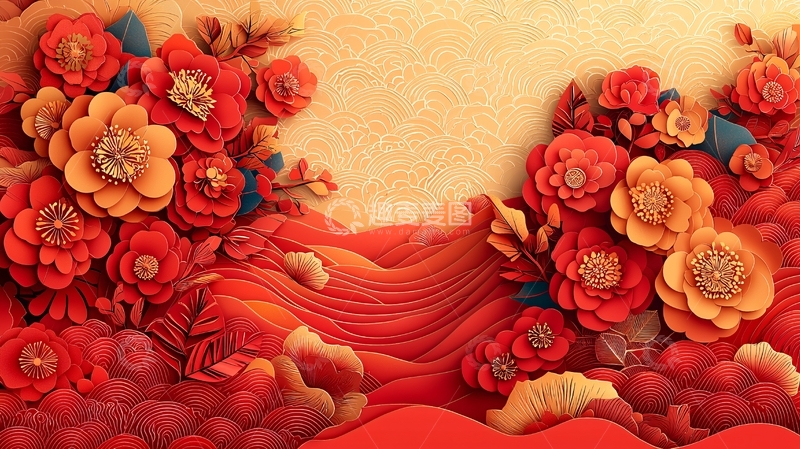 高清大图下载【趣麦麦图】红金色立体花卉背景