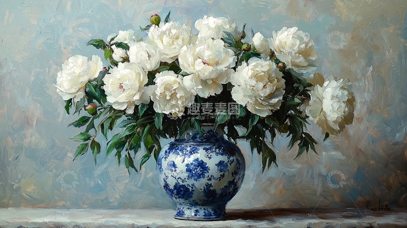 高清大图下载【趣麦麦图】白牡丹静物油画