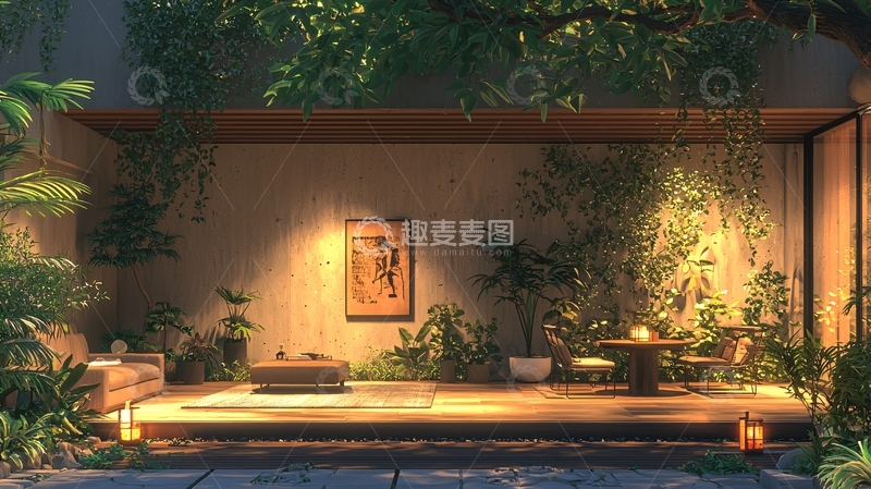 高清大图下载【趣麦麦图】日式庭院夜景