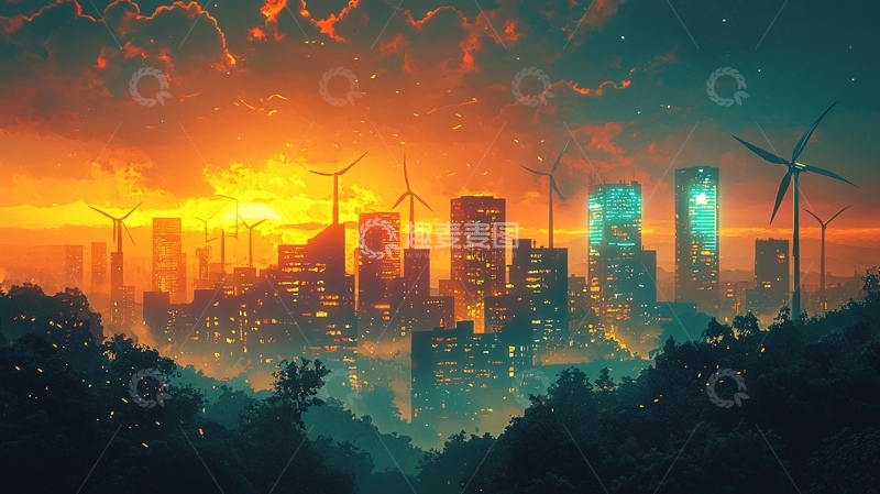 高清大图下载【趣麦麦图】日落余晖下的未来城市