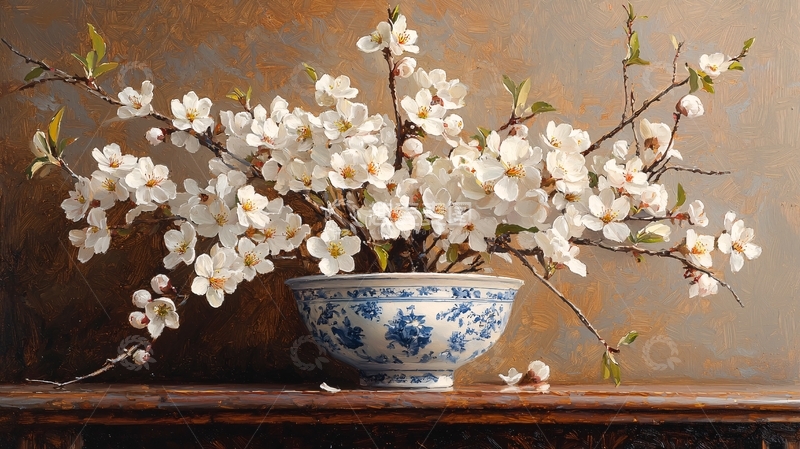 高清大图下载【趣麦麦图】白瓷碗里盛开的白色花朵