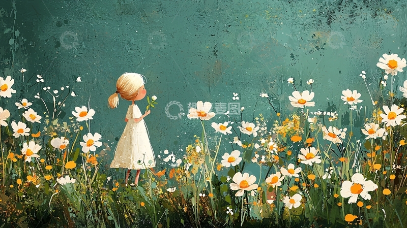 高清大图下载【趣麦麦图】小女孩和雏菊花田
