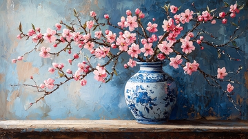 粉嫩桃花插蓝色瓷瓶