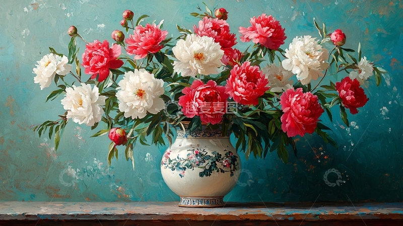高清大图下载【趣麦麦图】精美牡丹花瓶静物油画