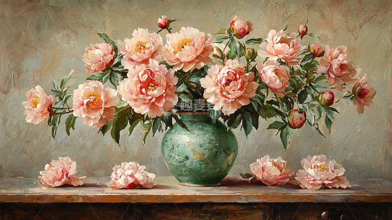 高清大图下载【趣麦麦图】粉嫩牡丹花瓶静物油画