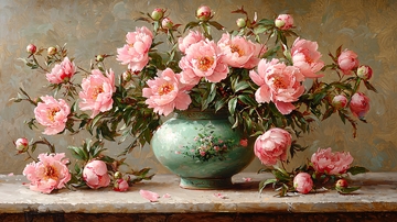 粉色牡丹花瓶静物画